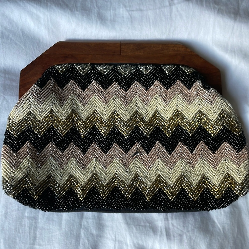 Beautiful Beaded Clutch, Wooden Magnetic Clasp, Used